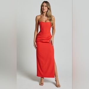Showpo Avery Midi Dress - Strapless Draped Side Split Dress in Orange